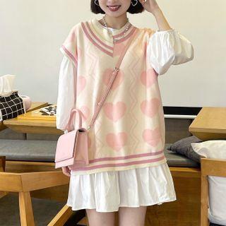 Puff-sleeve A-line Dress / Heart Print Knit Vest