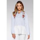 Floral Embroidered Long-sleeved Striped Panel Open-front Blouse