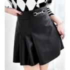 Pleated Pleather A-line Miniskirt