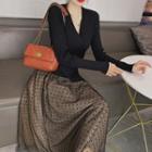 Long-sleeve Mock Two-piece Dotted Maxi A-line Dress