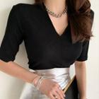 Elbow-sleeve Knit Top Black - M