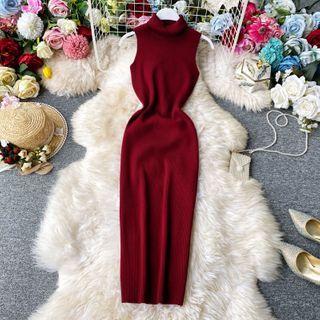 Plain Turtleneck Ribbed Slim-cut Dress