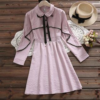 Cape-accent Long-sleeve Gathered-waist Dress