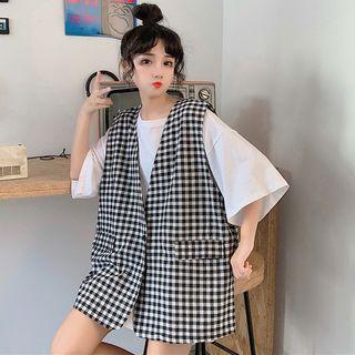 Checked Vest / Elbow-sleeve Crew-neck T-shirt