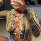 Long-sleeve Lace Up Printed T-shirt