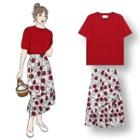 Plain Short-sleeve Knit Top / Flower Print Midi A-line Skirt