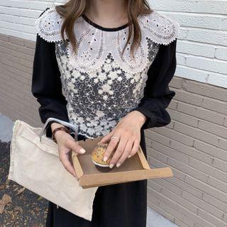 Lace-trim Peter Pan Collared Long-sleeve Dress Black - One Size