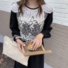 Lace-trim Peter Pan Collared Long-sleeve Dress Black - One Size