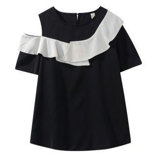 Short-sleeve Ruffle Trim Cutout Top Black - One Size
