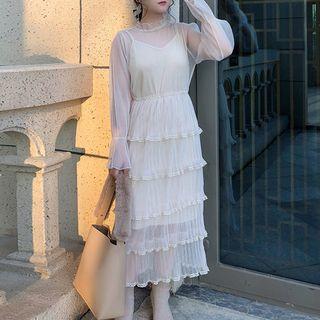 Bell-sleeve Midi Mesh Layered Dress