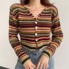 Long-sleeve Striped Buttoned Knit Top As Shown In Figure - M