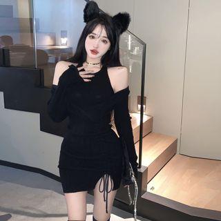 Mock Two-piece Long-sleeve Cold Shoulder Drawstring Mini Bodycon Dress Black - One Size