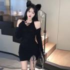 Mock Two-piece Long-sleeve Cold Shoulder Drawstring Mini Bodycon Dress Black - One Size