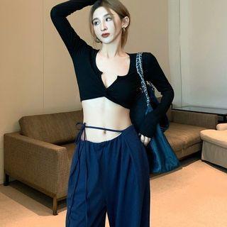 Long-sleeve Crop Top / Tie-waist Wide Leg Pants