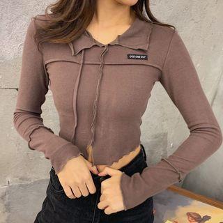 Cropped Plain Slim-cut Lapel Top