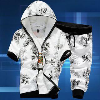 Set: Hooded Short-sleeve Print Jacket + Cropped Sweatpants