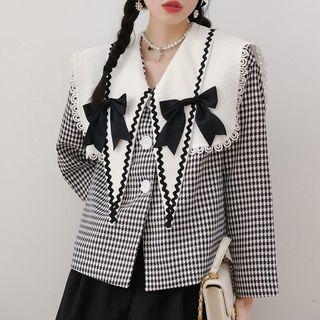 Long-sleeve Collared Lace Trim Bow Plaid Shirt