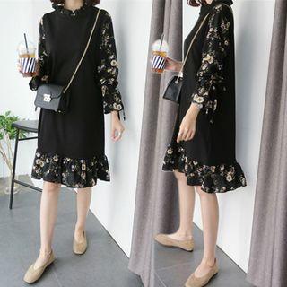 Mock Two-piece Long-sleeve Floral Print Chiffon Dress