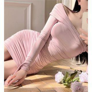 Long-sleeve Asymmetrical Neck Shirred Mini Bodycon Dress