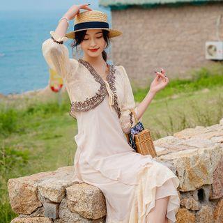 Strappy Midi A-line Dress / Elbow-sleeve Light Jacket