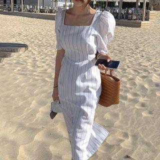 Puff Sleeve Square Neck Striped Slit-back Sheath Dress