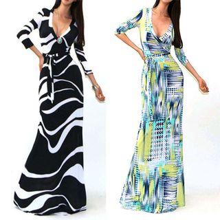 Printed Long-sleeve Evening Gown