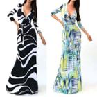 Printed Long-sleeve Evening Gown