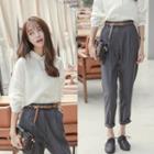 Set: Plain Blouse + Striped Straight-cut Pants