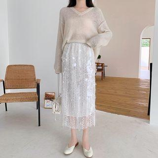 Sheer Knit Top / Sequined Midi Skirt