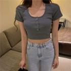 Short-sleeve Half-button Cropped T-shirt
