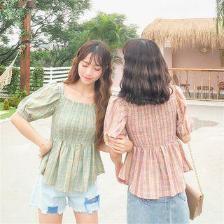 Plaid Square-neck Short-sleeve Slim-fit Top