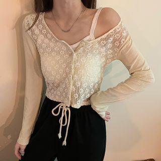 Lace Panel Cardigan / Wide Leg Pants