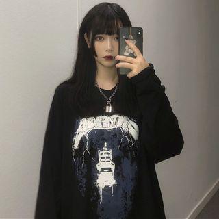 Long-sleeve Cartoon Print T-shirt Black - One Size