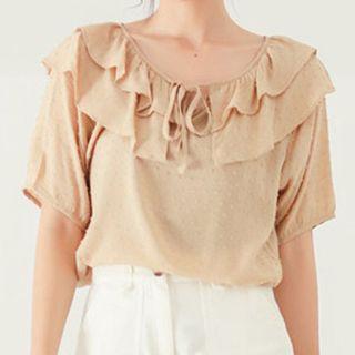 Ruffle Short-sleeve Blouse Almond - One Size