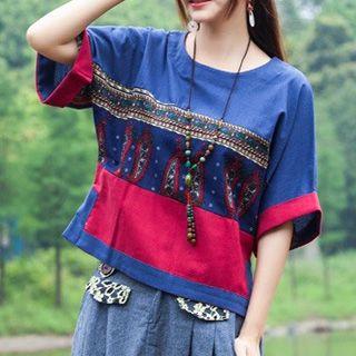 Printed Panel Elbow Sleeve T-shirt