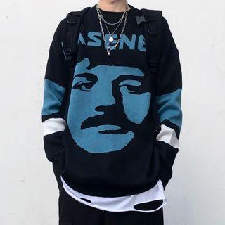 Face Pattern Lettering Round Neck Sweater