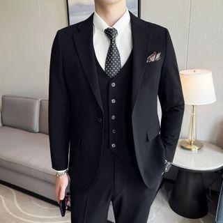 Set: Plain Single-button Blazer + Vest + Straight Leg Dress Pants