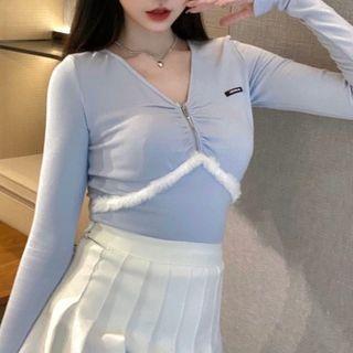 Long-sleeve Fluffy Trim V-neck Top Blue - One Size