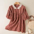 Elbow-sleeve Lace Trim Gingham Blouse