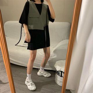 Elbow-sleeve Mini T-shirt Dress / Wrap Vest