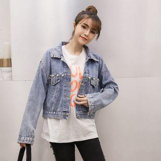 Beaded Loose-fit Denim Cropped Jacket