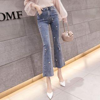 Faux Pearl Cropped Pants Bell-bottom Jeans