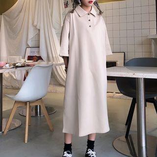 Elbow-sleeve Polo Neck Button Dress