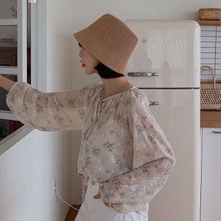 Tie-neck Sheer Floral Blouse