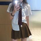 Set: Short-sleeve Tie Neck Shirt + Mini A-line Skirt