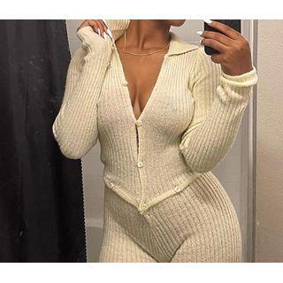Long-sleeve Collared Button-up Jumpsuit