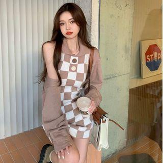 Sleeveless Check Knit Mini Sheath Dress / Shrug
