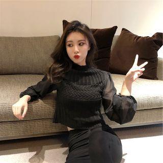 Puff-sleeve Paneled Knit Top