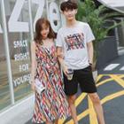 Couple Matching Printed Short Sleeve T-shirt / Patterned Spaghetti Strap Midi Dress