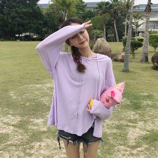 Long-sleeve Hooded Slit T-shirt